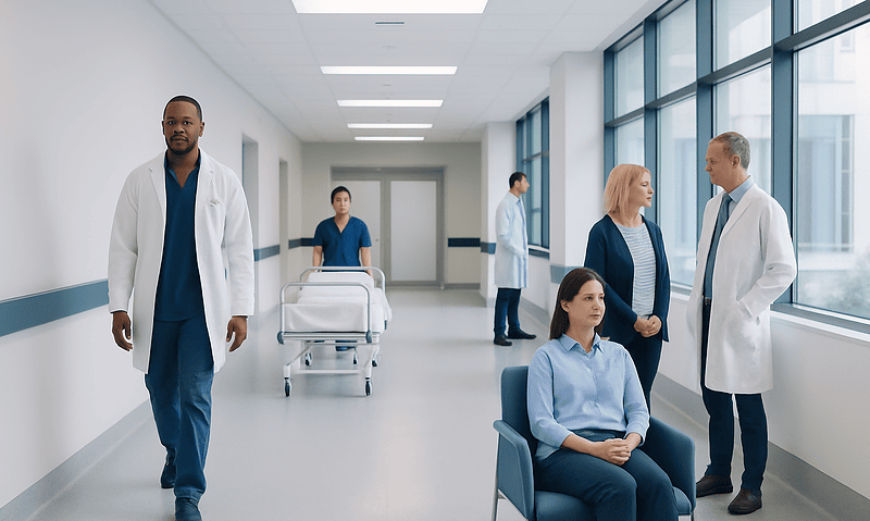 Medical team and patient in hospital corridor at Acibadem Hospitals Group.