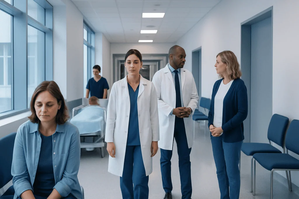 Schizophrenia: Early Warning Signs, Diagnosis, and Ongoing Care 1 Medical staff and patients in hospital corridor at Acibadem Hospitals Group.