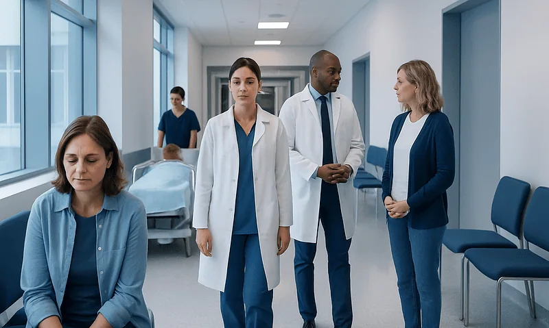 Medical staff and patients in hospital corridor at Acibadem Hospitals Group.