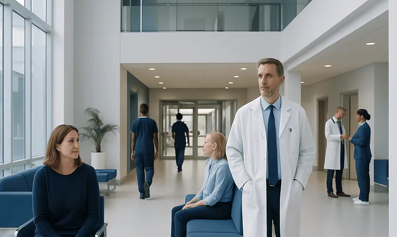 Doctor consulting with patient in hospital lobby with staff in background.