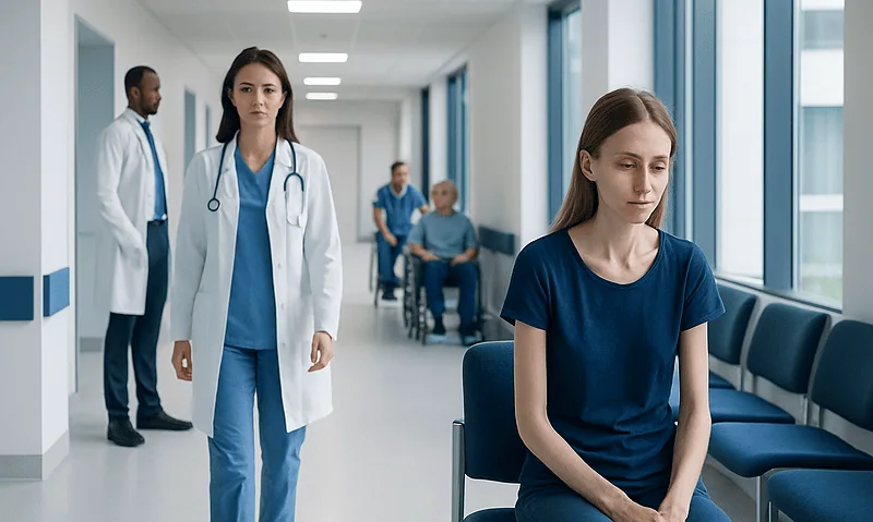 Young woman with anorexia nervosa in hospital corridor with medical staff nearby.
