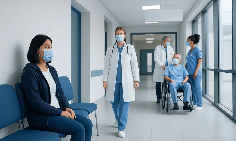Healthcare professionals and patient in hospital corridor wearing masks.