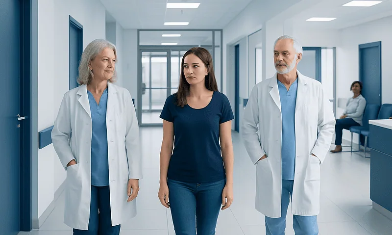 Medical team walking in hospital corridor with patient and doctors.