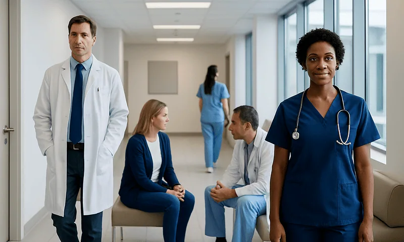 Medical team in hospital corridor with doctor and nurses.