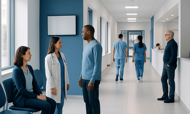 Healthcare professionals and patients in a hospital corridor at Acibadem Hospitals Group.