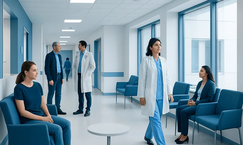 Medical professionals and patients in a modern hospital corridor.