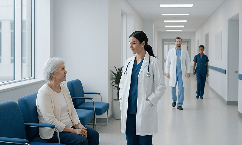 Healthcare professionals consulting with an elderly patient in a hospital corridor.