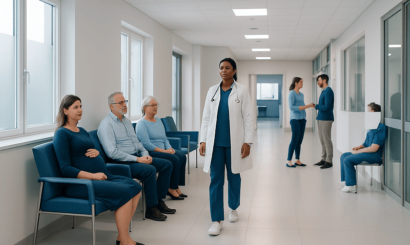 Healthcare professionals and patients in a modern hospital corridor.