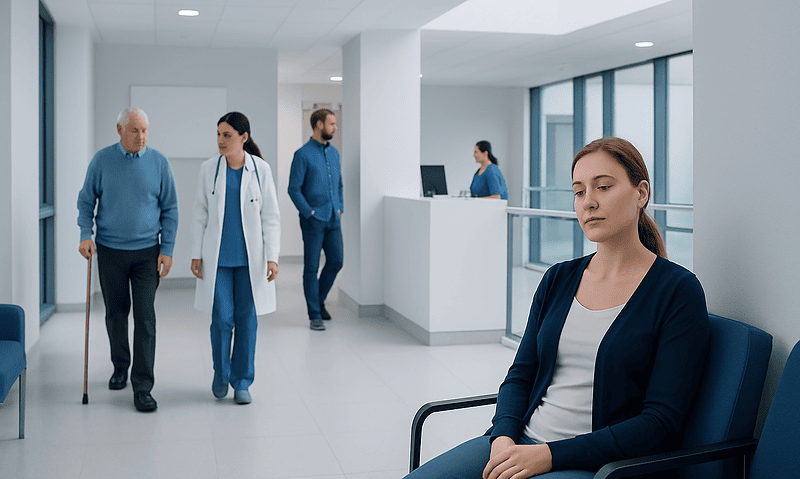 Patient waiting in a hospital corridor with medical staff nearby.