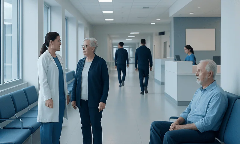 Healthcare professionals and patients in a modern hospital corridor.