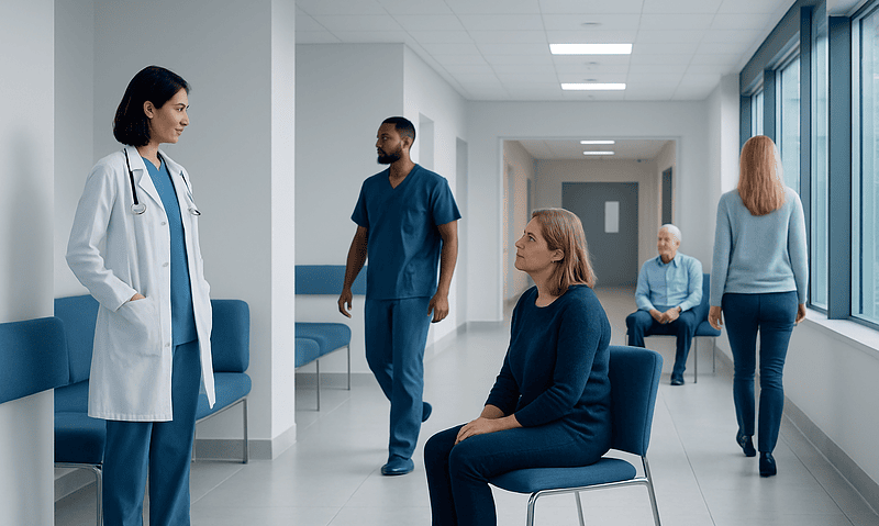 Doctor consulting with a patient in a hospital corridor.