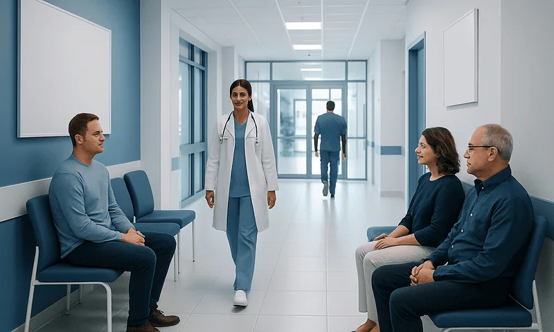 Medical consultation in a hospital corridor with doctor and patients.