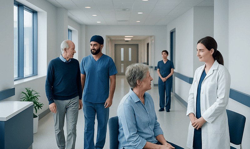 Medical team consulting with a patient in a hospital corridor.