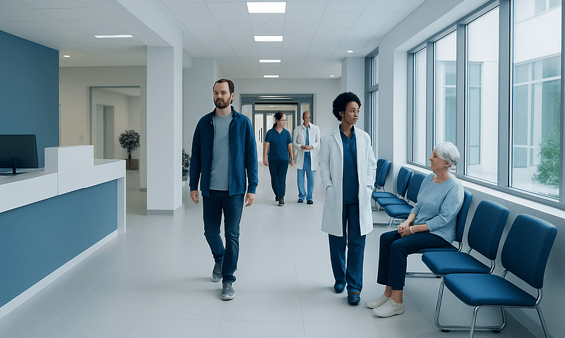 Hospital corridor with medical staff and patient in waiting area.