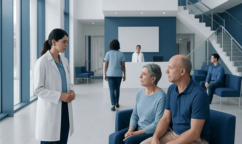 Doctor consulting elderly patients in hospital lobby.