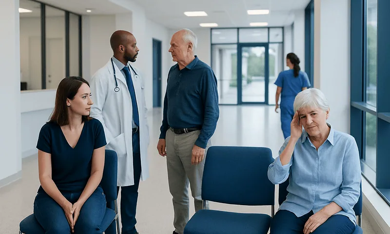 Medical consultation in hospital corridor with healthcare professionals and patient.