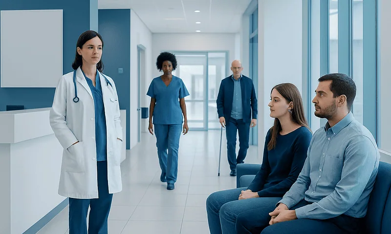 Medical consultation in a modern hospital corridor with doctor and patients.