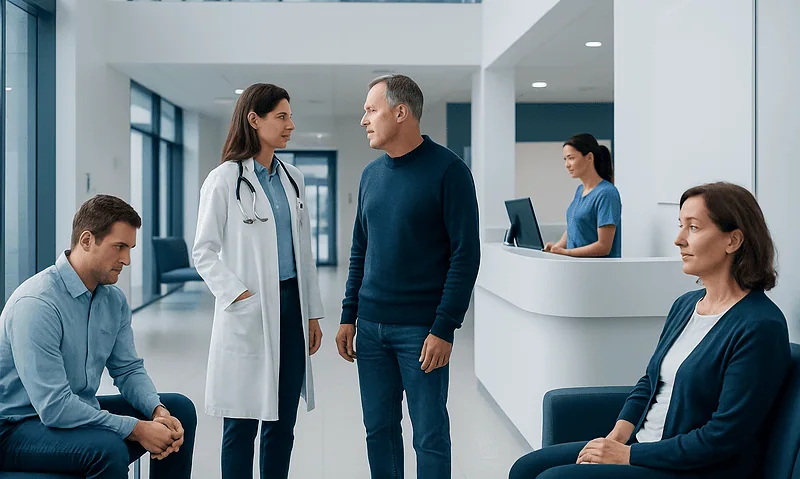 Doctor consulting with patient in hospital corridor with waiting area.