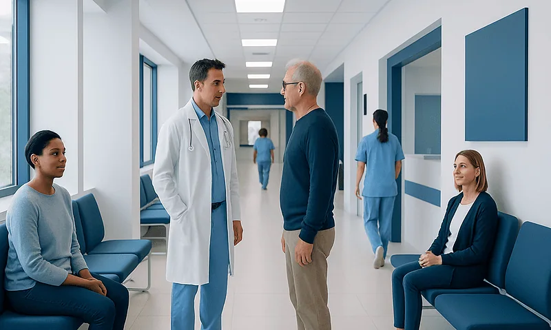 Doctor consulting with a patient in a hospital corridor.