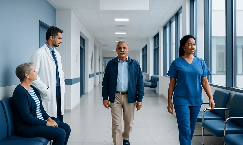 Medical professionals and patient in hospital corridor at Acibadem Hospitals Group.