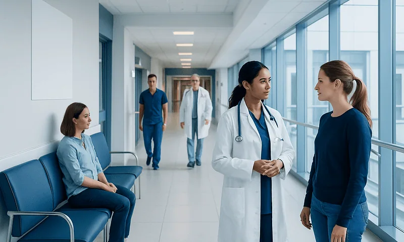 Healthcare professionals and patient in hospital corridor.