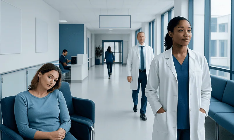 Healthcare professionals and patients in a modern hospital corridor.
