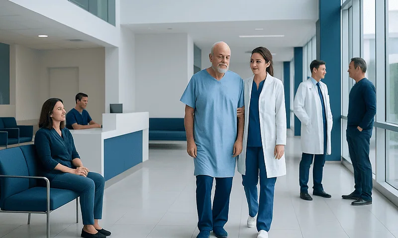 Medical staff and patients in a modern hospital lobby with large windows.