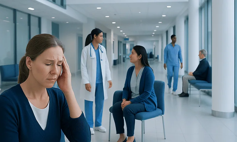 Patient experiencing headache in hospital waiting area with medical staff nearby.