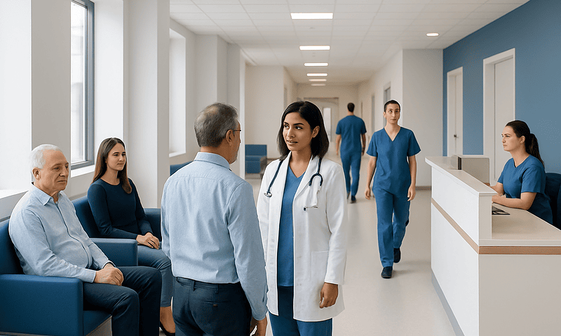 Healthcare professionals and patients in a hospital corridor.