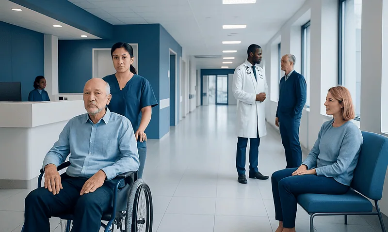Hospital corridor with patients and medical staff in a modern healthcare facility.