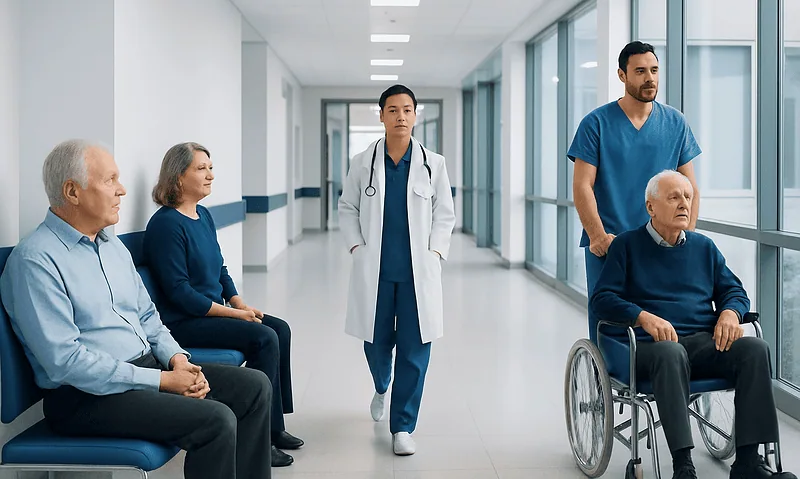 Movement Disorders: Tremor, Dystonia, and Neurology Evaluation 6 Medical team with elderly patients in hospital corridor for neurology evaluation.