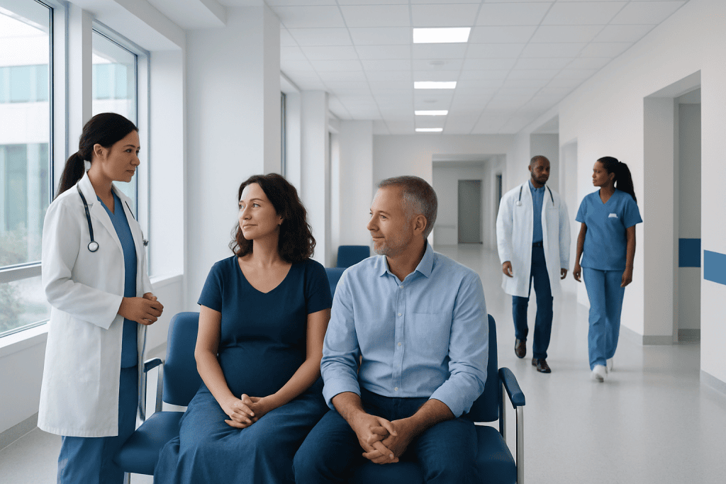 IVF After 40: Testing, Treatment Options, and Realistic Expectations 1 Medical consultation at Acibadem Hospital with pregnant woman and doctors.