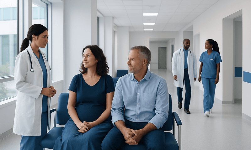 Medical consultation at Acibadem Hospital with pregnant woman and doctors.