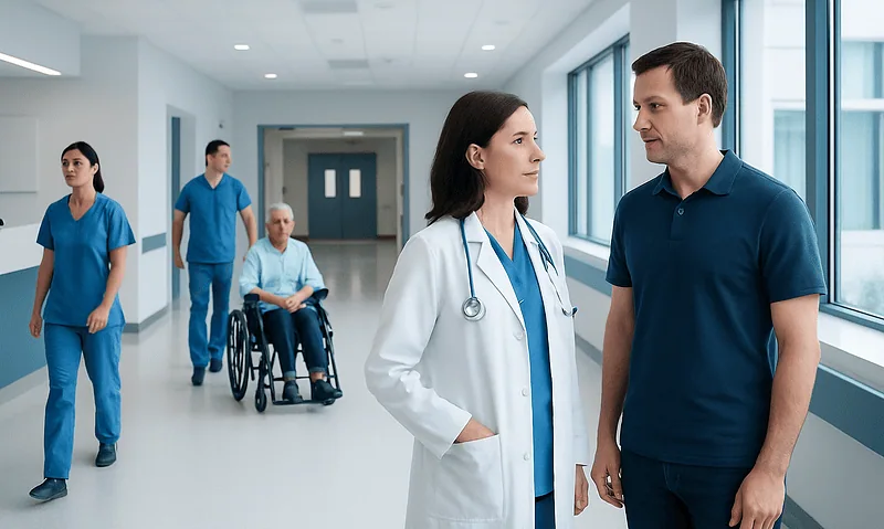 Interventional Neuroradiology: Minimally Invasive Treatment for Brain Blood Vessels 5 Medical team discussing patient care in hospital corridor.