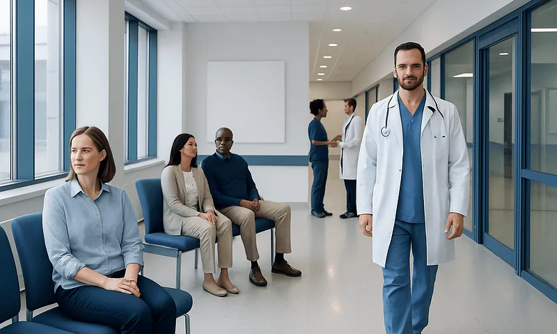 Medical team and patients in a hospital corridor at Acibadem Hospitals Group.