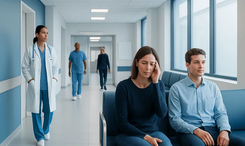 Patients waiting in a hospital corridor with medical staff nearby.