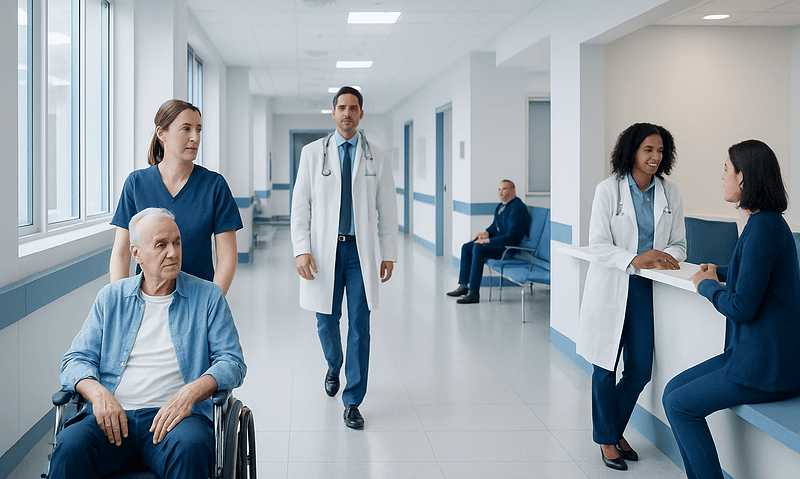 Deep Brain Stimulation for Movement Disorders: Candidates and What to Expect 4 Medical team consulting with a patient in a hospital corridor.
