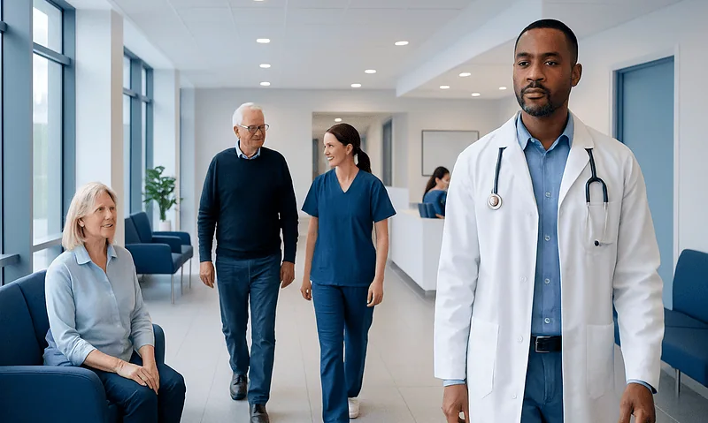 Medical team and patient in hospital corridor, healthcare professionals in discussion.