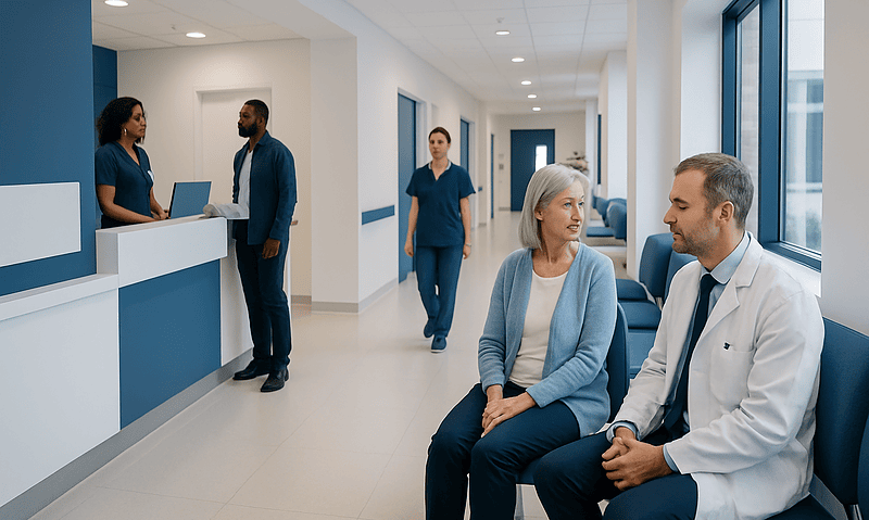 Patients and medical staff in a modern hospital corridor at Acibadem Hospitals Group.