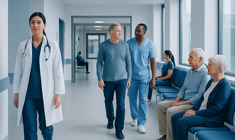 Deep Brain Stimulation for Movement Disorders: Candidates, Benefits, and Risks 3 Medical team and patients in a hospital corridor.