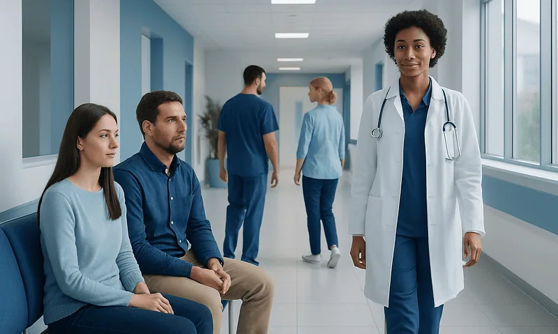 Healthcare professionals and patients in a hospital corridor at Acibadem Hospitals Group.