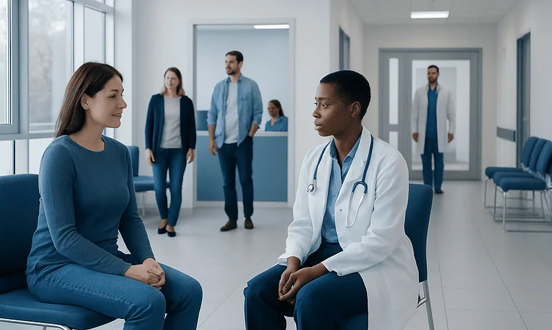 Doctor consulting a patient in a modern hospital corridor.