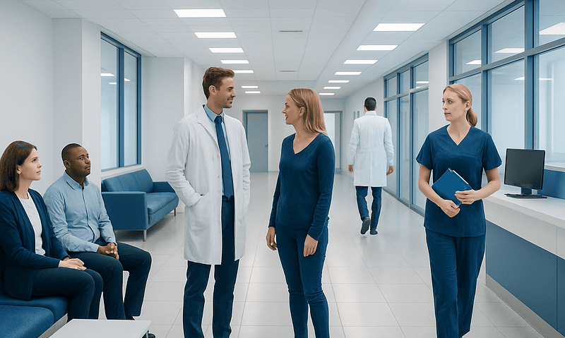 Medical team discussing patient care in a hospital corridor.