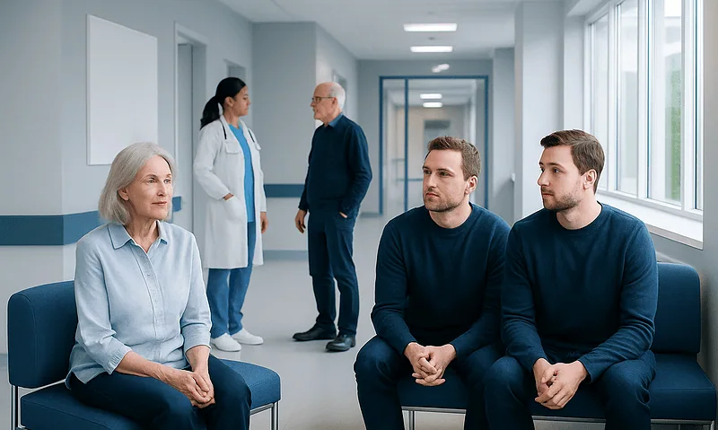 Doctor consulting elderly woman and two young men in hospital corridor.