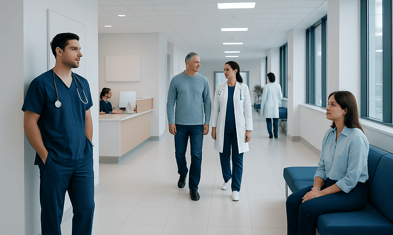 Medical staff and patients in a modern hospital corridor.