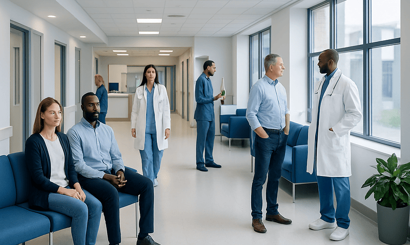 Medical professionals and patients in a hospital corridor.
