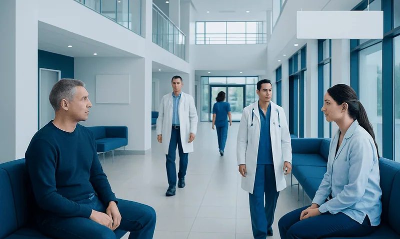 Medical consultation in a modern hospital lobby with doctors and patient.