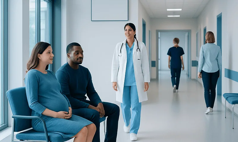 IVF With Donor Eggs: Candidates, Process, and Success Factors 5 Pregnant woman waiting with partner in hospital corridor.
