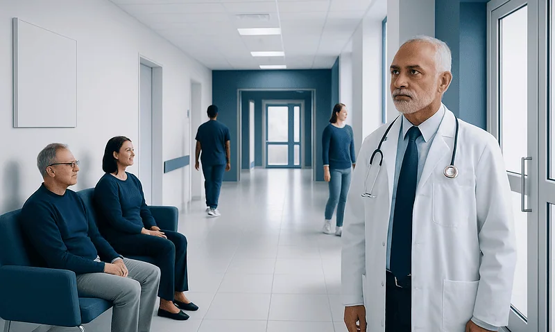 Doctor with stethoscope in hospital corridor with patients waiting.