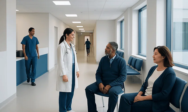 Hospital corridor with medical staff and patients engaging in conversation.